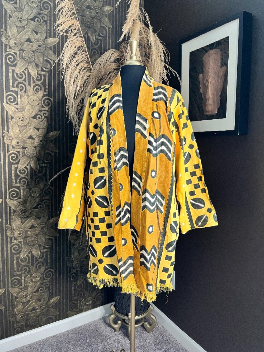 yellow and black geometric patterned African mud cloth kimono jacket - Picture 3 of 6